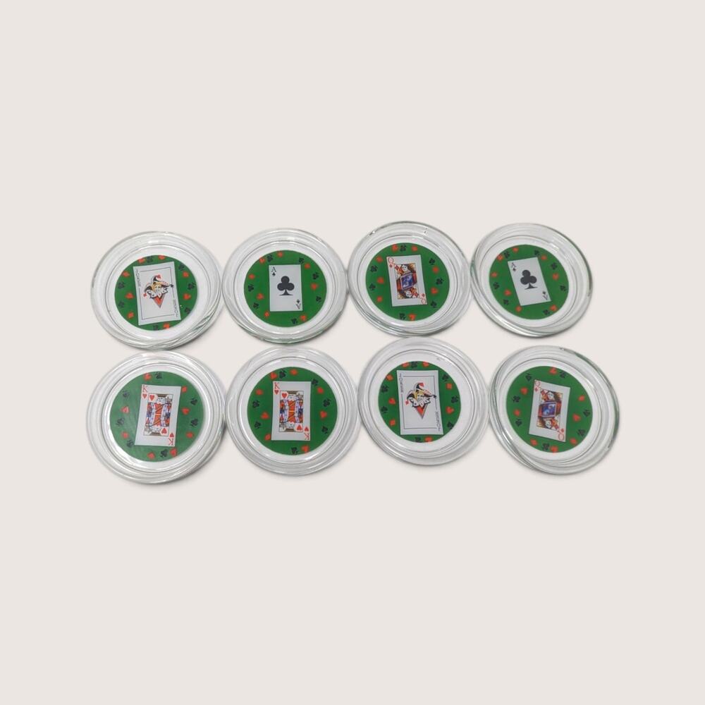 Set of 8 Vintage Glass Coasters Playing Card Theme Game Room Drink Coasters